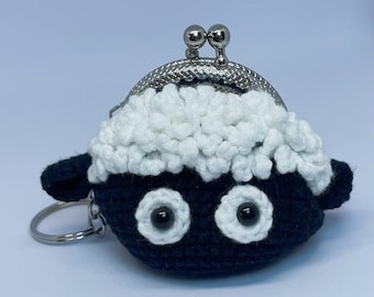 Handmade Crochet Sheep Coin Purse, Kiss Lock Amigurumi Pouch, Animal Keychain Bag