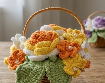 Handmade Crochet Flower Basket – 2 Roses & 18 Mini Flowers