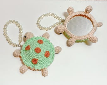 Crochet Turtle Keychain with Mirror | Handmade Cotton Yarn Accessory