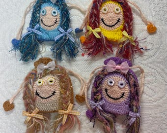 Handmade Crochet Doll Pouch – Whimsical Character Art Sachet, Mixed-Media Yarn Bag