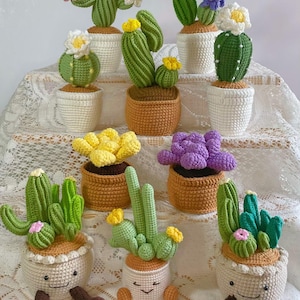 May include: A collection of handmade crochet cactus plants in various sizes and styles. The cacti are green with yellow, pink, and white flower accents, and are potted in white or brown crochet pots. Some pots have smiling faces and brown legs.