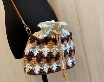 Crochet Bucket Bag – Mosaic Star Weave, Earth Tone, Leather Base Shoulder Bag