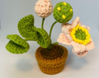 Mini Crochet Lotus Flower Plant. Pink Amigurumi Desk Decor, Yarn Flower in Pot