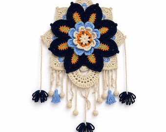 Boho Crochet Wall Hanging, Navy Floral Mandala Fiber Art, 12 Inch Bohemian Decor