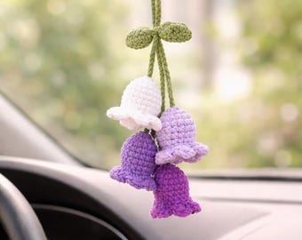 Crochet Lily of the Valley Car Charm, Handmade Flower Hanging Decor, Mini Floral Ornament
