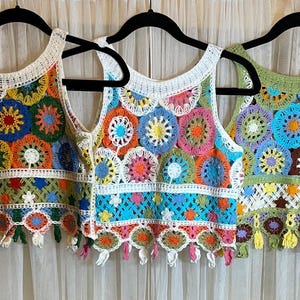 Petite Crochet Style Patchwork Crop Top. Colorful Granny Square Tank | Boho Festival Knit Top | Summer Cami