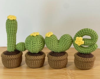 Handmade Crochet LOVE Cactus Set – Mini Potted Desert Decor, Heart Succulents