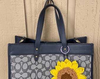 Handmade Crochet Sunflower Bag Charm, 4.5 Inch Floral Keychain, Summer Tote Accessory