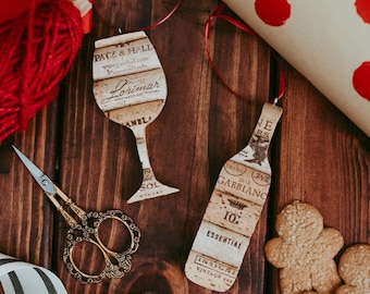 wine bottle and glass wine cork ornament - personalized Christmas ornaments - wine gifts