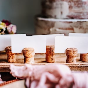 champagne cork wedding name cards - rustic wedding decor - place card holders