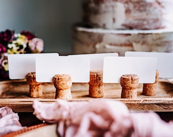 champagne cork wedding name cards - rustic wedding decor - place card holders