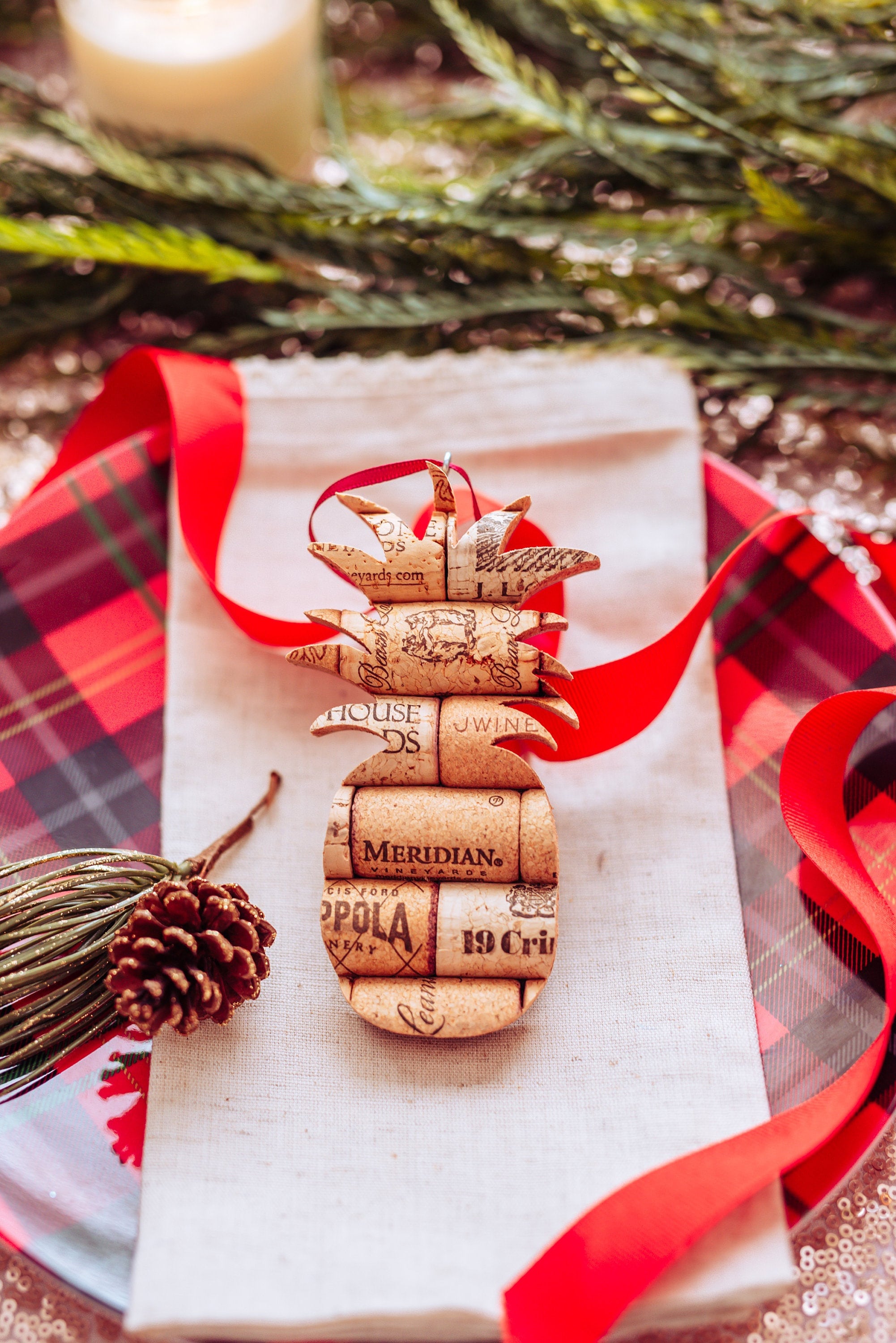 Large Wine Cork Pine Cone Christmas Ornament in Poinsettia Red, Pineapple  Ornaments- 100% Recycled Corks, Twine Burlap Ribbon – The Crafty Wineaux