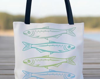 Bolsa de mano con diseño de sardinas, ideal para amantes del océano, para la playa, reutilizable, para amantes de los peces costeros, regalo de vacaciones de verano