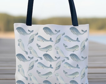 Bolso de mano con diseño de ballena y narval, ideal para amantes del océano, para la playa, reutilizable, para vacaciones de verano