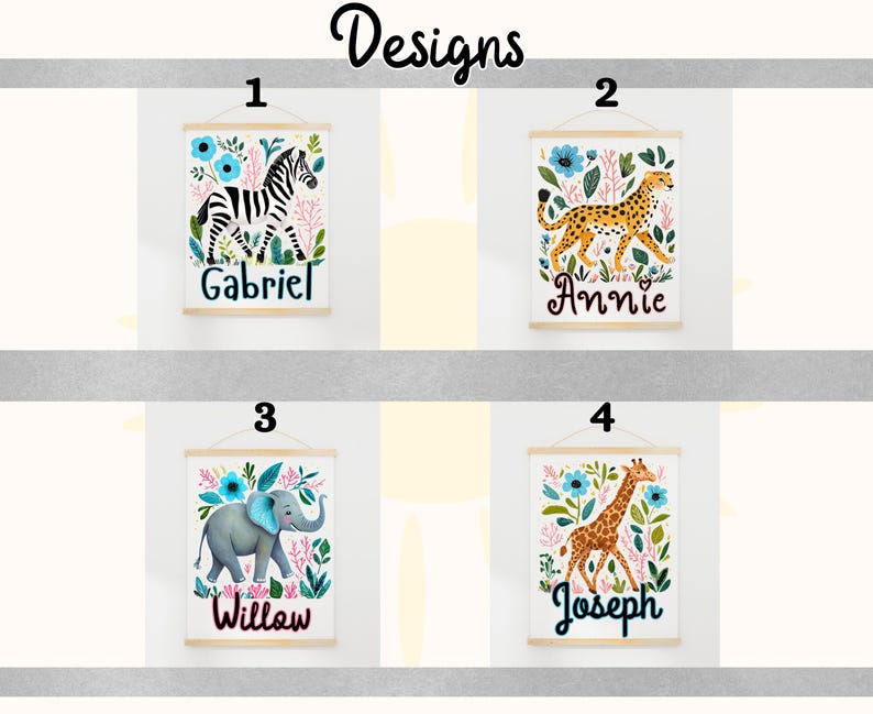 Puede incluir: Cuatro impresiones art&iacute;sticas de pared con tem&aacute;tica de animales con colgadores de madera. Cada impresi&oacute;n presenta un animal diferente: una cebra, un guepardo, un elefante y una jirafa, rodeados de elementos florales. Cada impresi&oacute;n tiene un nombre escrito debajo.