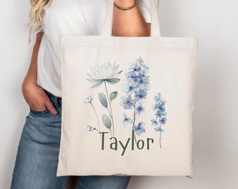 Personalized Birth Month Modern Flower Tote Bag with Name Custom Trendy Floral Bag Mothers Day Gift for Her Birthday Bachelorette Party