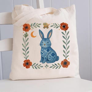 Cute Floral Bunny Tote Bag, Whimsical Farm Animal Book Bag, Cottagecore Gift, Boho Shopper Bag, Rustic Folk Art Market Bag for Animal Lovers