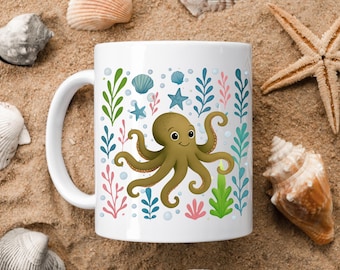 Octopus Coffee Cup, Custom Ocean Animal Mug Gift, Cute Under Sea Creature Mug, Beach Lover Coastal Mug, Vacation Home Kitchen Decor