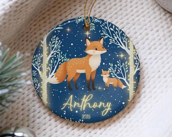 Ornement de famille personnalisé renard 2025, cadeau souvenir de Noël personnalisé, étiquette-cadeau de vacances nuit étoilée d'hiver, décoration d'arbre animal mignon