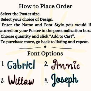 Puede incluir: Imagen con instrucciones sobre c&oacute;mo pedir un p&oacute;ster. El texto incluye los pasos para seleccionar el tama&ntilde;o, el dise&ntilde;o, ingresar el nombre y la fuente, elegir la cantidad y agregar al carrito. Las opciones de fuente incluyen Gabriel, Annie, Willow y Joseph.