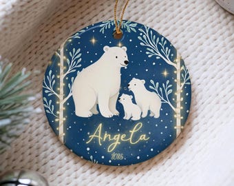 Ornement de famille personnalisé ours polaire 2025, cadeau souvenir de Noël personnalisé, étiquette-cadeau de vacances nuit étoilée d'hiver, décoration d'arbre animal mignon