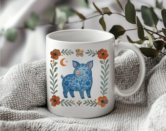 Boho Floral Pig Mug, Whimsical Farm Animal Coffee Cup, Cute Blue Chinoiserie Piggy Lovers Birthday Gift, Folk Art Scandinavian Style Mug