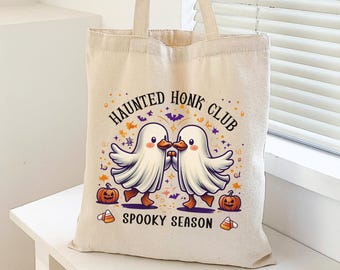 Goose Ghost Halloween Tote Bag, Silly Spooky Season, Cute Funny Goose Tote Bag for Trick or Treat, Fall Goose Duck Lover Party Gift Bag