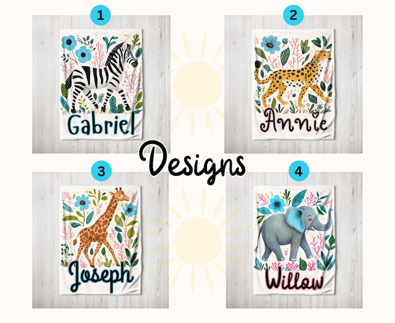 Peut inclure: Quatre couvertures pour b&eacute;b&eacute; personnalis&eacute;es avec diff&eacute;rents motifs d'animaux. Les couvertures pr&eacute;sentent un z&egrave;bre, un gu&eacute;pard, une girafe et un &eacute;l&eacute;phant. Chaque couverture a un motif floral et un nom en bas. Les noms sont Gabriel, Annie, Joseph et Willow.