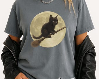 Black Cat Broomstick T-Shirt, Spooky Full Moon Shirt, Vintage Cat Lover Tee, Halloween Night Party, Comfort Colors® Gift, Fall Season