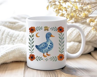 Whimsical Floral Duck Mug, Farm Animal Coffee Cup, Cute Blue Chinoiserie Duck Lovers Birthday Gift, Folk Art Animal Mug Scandinavian Style
