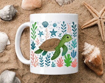Sea Turtle Coffee Cup, Custom Ocean Animal Mug Gift, Cute Under Sea Creature Mug, Beach Lover Coastal Mug, Vacation Home Kitchen Decor