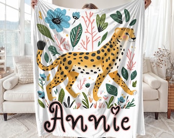 Personalized Cheetah Plush Blanket for Kids, Custom Name Blanket Safari Animal Print Cozy Throw for Kids Room Home Decor, Fun Birthday Gift