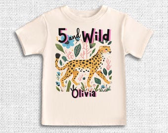 Custom 5th Birthday Safari Animal Shirt, Personalized 5 Year Old Party Name Tee, Wild Five Year Tshirt, Cheetah Elephant Zebra Giraffe Fifth