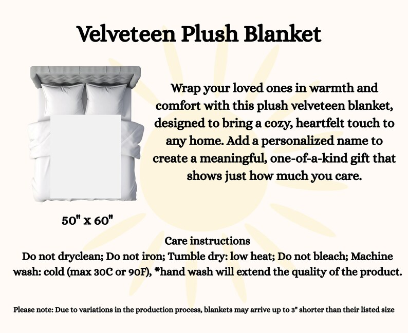 Peut inclure: Une couverture en velours ras&eacute;e blanche, pli&eacute;e sur un lit. La couverture mesure 127 cm sur 152 cm. Le texte "Velveteen Plush Blanket" est en haut de l'image. Le texte "Care instructions" est sous l'image de la couverture. Le texte "Do not dryclean; Do not iron; Tumble dry: low heat; Do not bleach; Machine wash: cold (max 30C or 90F), *hand wash will extend the quality of the product." est sous le texte "Care instructions". Le texte "Please note: Due to variations in the production process, blankets may arrive up to 3" shorter than their listed size" est en bas de l'image.