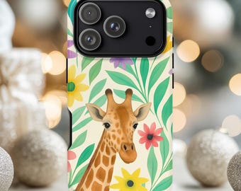 Coque iPhone fleurie girafe, animal de safari tropical 17 Pro Max, coque de téléphone portable jungle botanique colorée, anniversaire, cadeau de Noël