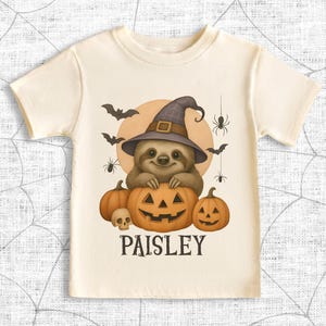 Custom Halloween Sloth T-shirt for Kids, Personalized Cute Animal Spooky Season Tee, Pumpkin Shirt for Halloween Party Fall Trick or Treat