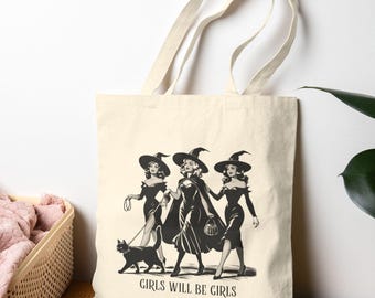 Vintage Girls Will Be Girls Witch Halloween Tote Bag, Funny Feminist Fall Gift Witchy Vibes Shoulder Bag for Her Women Girls