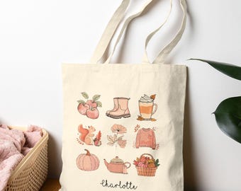 Personalized Autumn Pumpkin Canvas Tote Bag, Fall Thanksgiving Gift Cute Shoulder Bag Bookish Aesthetic Custom Name Cozy Girly