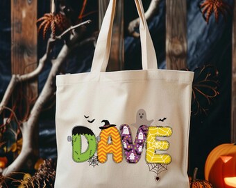 Personalized Trick or Treat Bag, Halloween Tote Bag for Kids, Customized Canvas Goodie Gift Bag Toddler Candy Basket Monogrammed Name