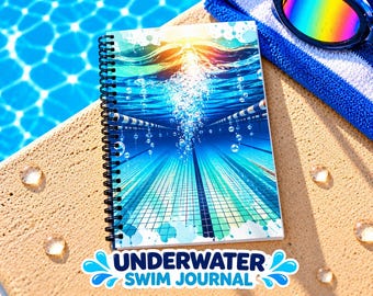 Könnte beinhalten: Ein spiralgebundenes Notizbuch mit einer Unterwasser-Schwimmbadgrafik, blauen Fliesen, Bahnenmarkierungen und aufsteigenden Luftblasen. Das Cover zeigt den Text "UNDERWATER SWIM JOURNAL" in fetten blauen Buchstaben mit stilisierten Wasserspritzern.
