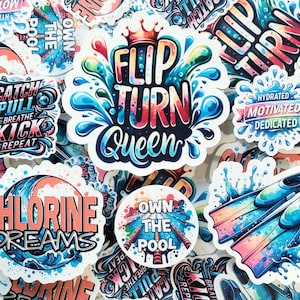 Zwemstickerpakket, Flip Turn Queen, zwemstickers, wedstrijdzwemmen, motiverend zwemmen, zwemstickers, cadeau zwemteam, sportstickers