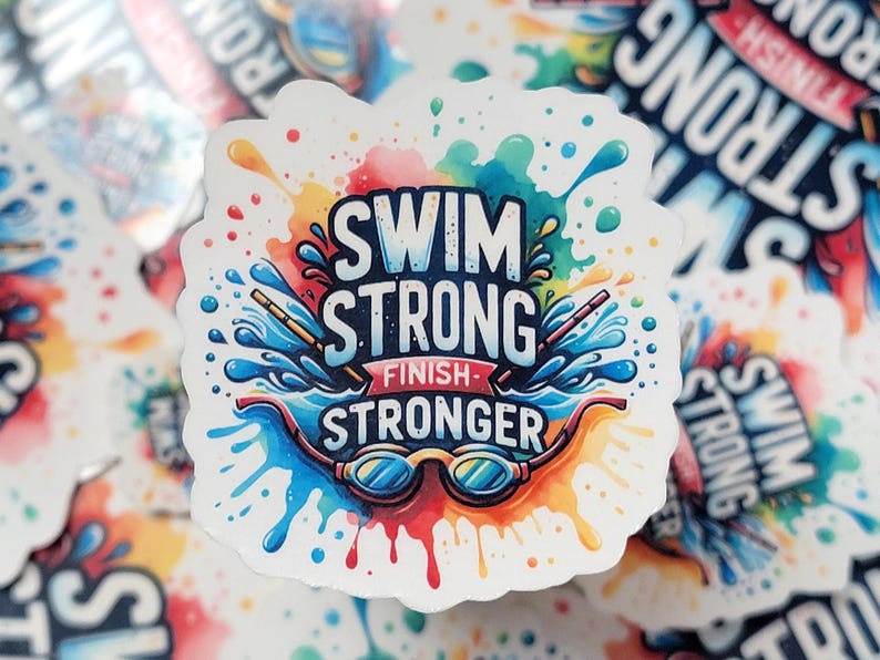 4" 'Swim Strong Finish Stronger' in bold, dynamic lettering, designed to inspire swimmers to push through and give their best effort until the very end.