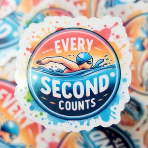 2" 'Every Second Counts' sticker in a circular design featuring a youth swimmer, emphasizing the importance of each moment in training and competition for swimmers striving for excellence.