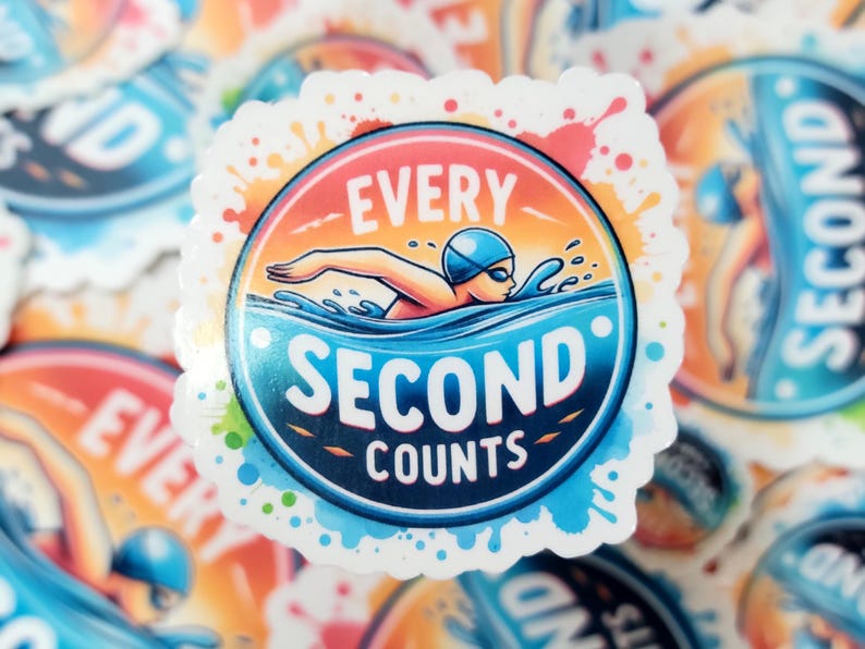 2" 'Every Second Counts' sticker in a circular design featuring a youth swimmer, emphasizing the importance of each moment in training and competition for swimmers striving for excellence.