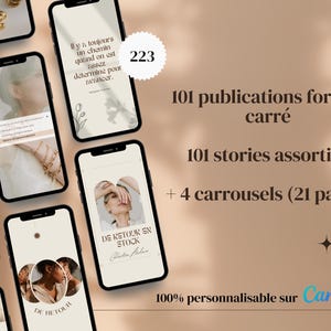 May include: A collection of 101 social media post templates in a square format, 101 stories, and 4 carousels (21 pages) for use with Canva. The text on the image reads: "Il y a toujours un chemin quand on est determine pour avancer. 223 DE RETOUR EN STOCK 101 publications format carre 101 stories assorties + 4 carrousels (21 pages) 100% personnalisable sur Canva DE RETOUR"