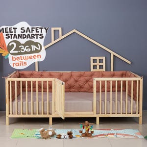 Montessori Playhouse Low Bed with Cylindrical Railings and Gate – Handmade Wooden Toddler Frame for Play Area & Kids Room