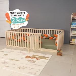 Montessori Handcrafted Playpen Floor Bed with Railings and Gate - Toddler Bed - Kids Furniture