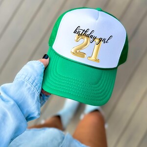 21st Birthday Girl and Birthday Crew Trucker Hats, Gift for Girlfriend, 21 Birthday Girls Trip, Custom Location 21st Birthday Party Hats Green