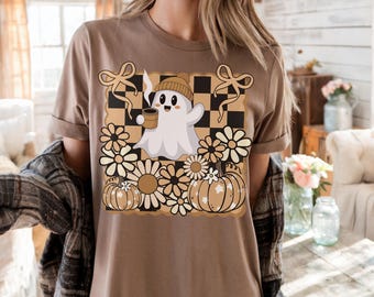 Halloween Ghost Comfort Colors Floral Coquette Halloween Shirt, Retro Girly Ghost Shirt, Pumpkin Sweatshirt Gift for Halloween Coffee Lover