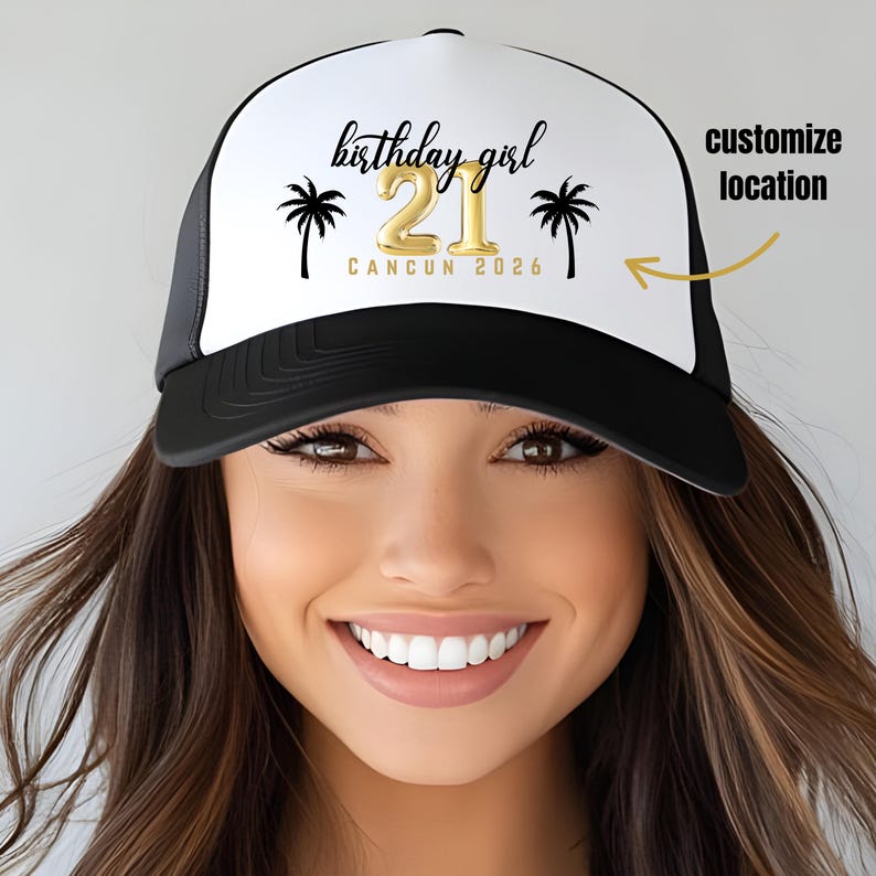 21st Birthday Girl and Birthday Crew Trucker Hats, Gift for Girlfriend, 21 Birthday Girls Trip, Custom Location 21st Birthday Party Hats Custom-Palm Trees